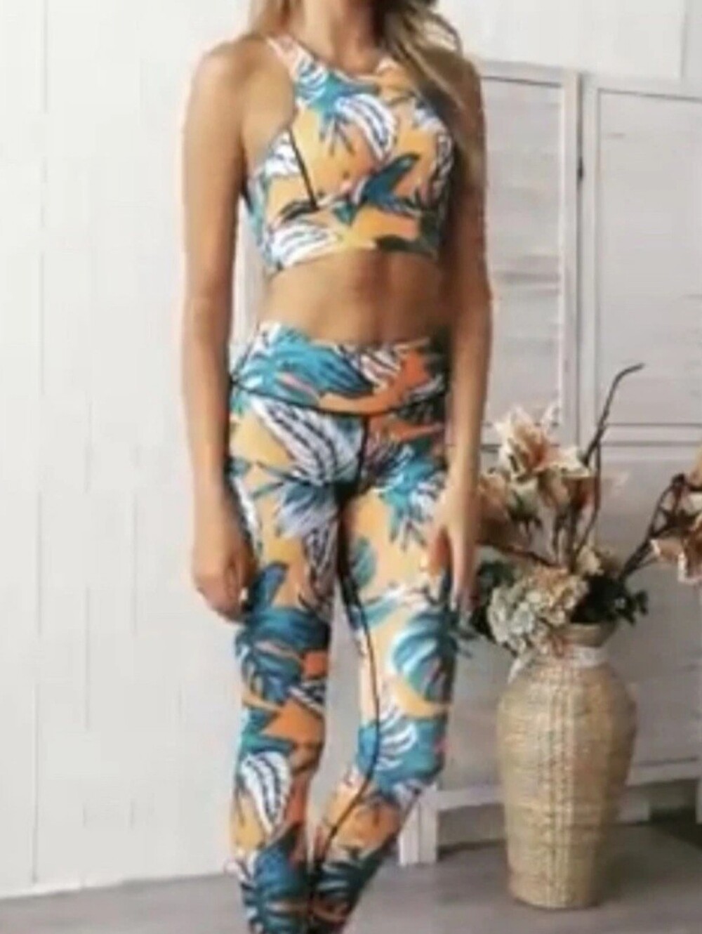 Gym Set Tropical 2 Piece Leggings & Sports Bra High Waist Leggings Yellow Large